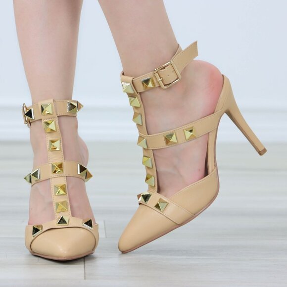 Gladiator High Heels Pointed Toe Stilettos Trendy Gold Studs Ankle Strap - Picture 2 of 14